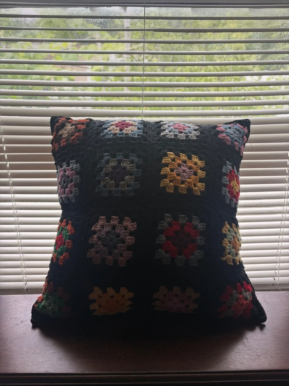 Handmade Crochet Granny Square Pillow - Black with Multicolor Squares